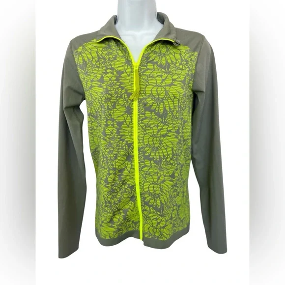 💚 EUC Fabletics Nanette Neon Green & Gray Floral Full-Zip Jacket | Women’s Small - Picture 4 of 13